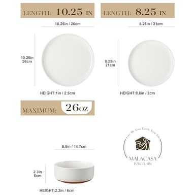 MALACASA Plates and Bowls Sets, 12 Pieces Modern Stoneware Dinnerware Set for 4 Kitchen Dinner Set Ceramic Dishware Dishes Set Microwave and Dishwasher Safe, White, Series TARA - Image 2
