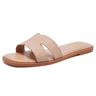FW FRAN WILLOR Women's Flat Sandals Dressy Comfortable Slide Sandals Fashion Square Open Toe Slip On Beach Sandals for Summer - Image 1