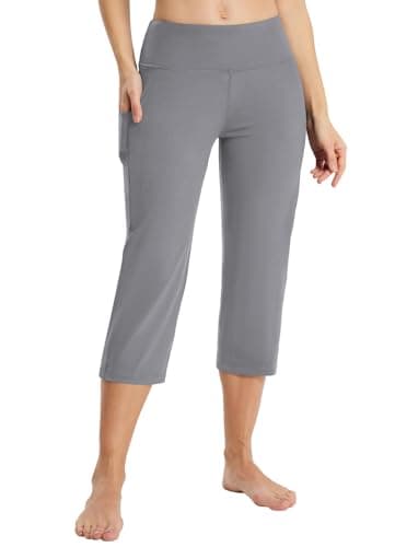 baleaf Womens Yoga Capri Pants High Waist Capri Leggings with Pockets Wide Leg Crop Exercise Workout Summer Pants Dark Grey L - Image 1