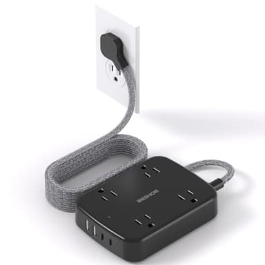 Extension Cord 15 ft, BESHON Long Power Strip with 2 USB C, Flat Plug Power Strip, 4 Outlets and 4 USB Charging Ports, Outlet Extender, 900 Joules, for Home Office Dorm Room Essentials, Black - Image 1