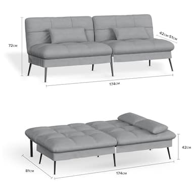 COMHOMA Convertible Sofa Bed,68″Fabric Couch with Adjustable Backrest,Loveseat Recliner Sleeper Living Room Furniture futon Set,Grey - Image 2