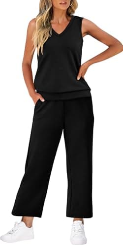 WIHOLL Two Piece Sets for Women Dressy Fashion V Neck Clothing Wide Leg Pants Travel Outfits Cruise Outfits for Women 2025 Black M - Image 3