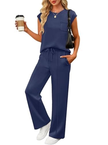 ANRABESS Two Piece Sets for Women Summer Sleeveless Sweatsuits Wide Leg Casual Lounge Set Matching Vacation Travel Outfits Large - Image 1