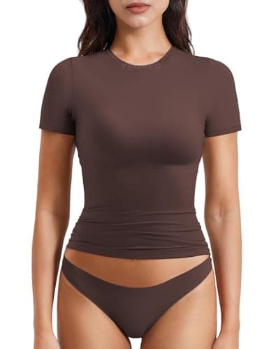 YEOREO Women Fitted Workout Tops Short Sleeve Double Lined Basic Y2K Going Out Crew Neck Compression Crop Top Coffee M - Image 1