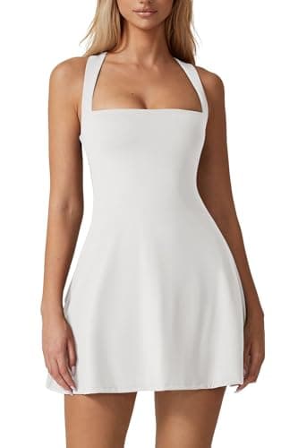 QINSEN Square Neck Athletic Dress for Women Sleeveless High Waist Built in Shorts Pocket Flare Exercise Dress White S - Image 1