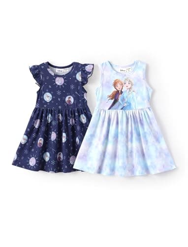 Disney Frozen Elsa&Anna Toddler Girl Dresses 2 Pack Light Blue Sleeveless Tie-Dye and Dark Blue Ruffle Sleeve Dress Set Birthday Summer Clothes 4-5T - Image 1