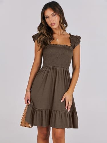 ANRABESS Women's Summer Casual Sleeveless Square Neck Dress 2025 Smocked Ruffle Backless Boho Beach Cute Teen Short Sundress Coffee Medium - Image 9