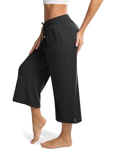 Maxbee Capri Pants for Women Drawstring Wide Leg Yoga Pants Elastic Waist Lounge Pants Loose Sweatpants Black - Image 1