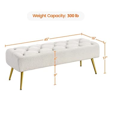 Yaheetech Modern Ottoman Bench Boucle Bench Upholstered Footrest for Living Room with Gold Metal Legs and Padded Seat Ivory - Image 3