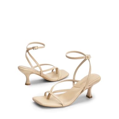 DREAM PAIRS Women's Kitten Low Strappy Lace Up Heels Open Square Toe Thong Ankle Strap Heels Sexy Fashion Comfort Dress Shoes Party Sylvestra Pumps Heeled Sandals,Size 9,Nude-Pu,SDHS2405W - Image 3