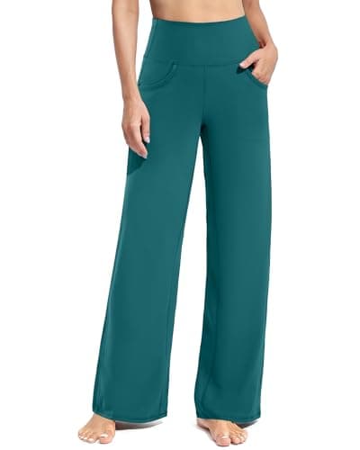 Promover Leggings for Women Wide Leg Pants Business Casual Outfits Yoga Dress Work Palazzo Trousers Pants with Pockets Women's Fashion(Teal,M,31") - Image 1