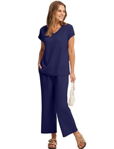 Saloogoe Lounge Sets for Women 2 Piece 2024 Summer Casual Travel Ladies Loungewear Set Business Casual Outfits Work Mock Neck Tops Airport Outfit Royal Blue XL - Image 4