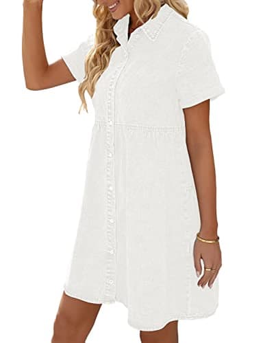 LookbookStore Women's Short Sleeve Babydoll Dress with Lapel Collar Button Down Dress Loose Fit Denim Dress for Women Casual Brilliant White Size S - Image 4