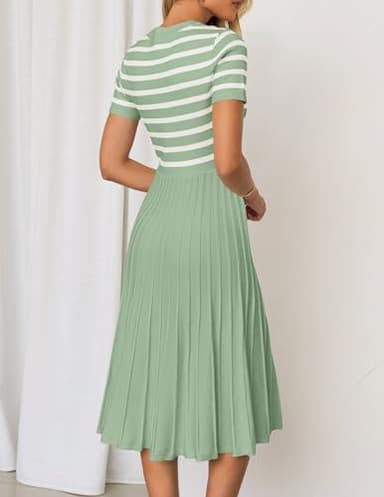 ZESICA Women's 2025 Casual Striped Midi Dress Crewneck Short Sleeve Button Ribbed Knit Swing Pleated A Line Dresses,Light Green,Large - Image 4