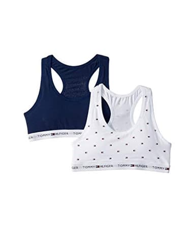 Tommy Hilfiger Girls' Crop Sports Bra (Pack of 2), Racerback Straps & Soft Elastic Waistband, Cotton & Spandex, White Mini Flag, 8-10