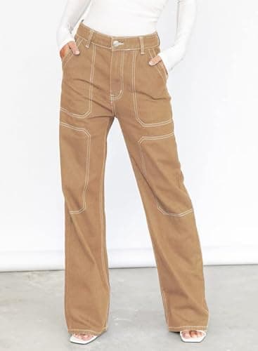 Dokotoo Women's Casual High Waisted Cargo Jeans Wide Leg Denim Pants Khaki Size 4 - Image 2