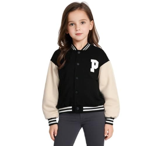 Jobakids Kid Girls' Varsity School Baseball Outerwear Jacket, Girls Bomber Jacket Casual Coat with Pockets for 6T - Image 1