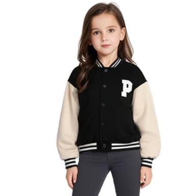 Jobakids Kid Girls' Varsity School Baseball Outerwear Jacket, Girls Bomber Jacket Casual Coat with Pockets for 6T - Image 1