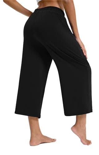 Maxbee Capri Pants for Women Drawstring Wide Leg Yoga Pants Elastic Waist Lounge Pants Loose Sweatpants Black - Image 3