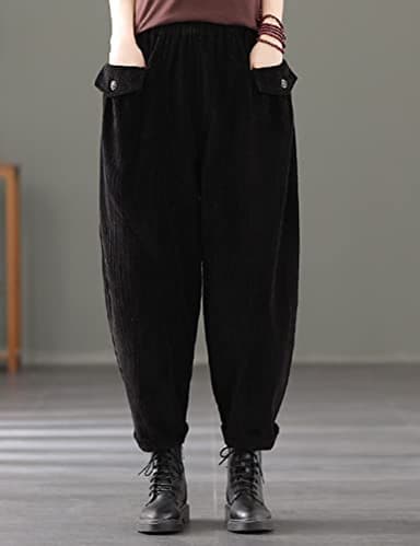 IXIMO Women's Cropped Corduroy Pants Casual Comfy Elastic Waist Cotton Trouser Front Pockets Black S - Image 3
