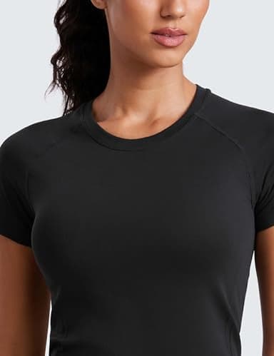 CRZ YOGA Seamless Workout Tops for Women Short Sleeve Athletic Tees Breathable Gym Running Yoga Shirts Black Medium - Image 6