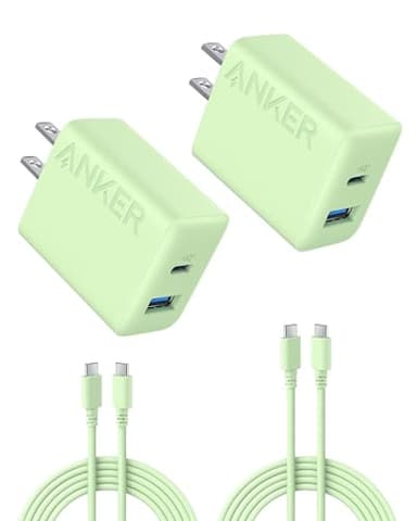 Anker iPhone 17/16 Charger, 2-Pack 20W Fast USB C Charger Block, for iPhone 17/16/16 Pro Max/15 Series/iPad Pro and More (Green, 2 Pack & 2 Cable) - Image 1
