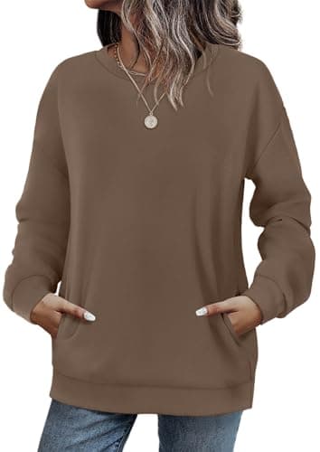 WIHOLL Long Sleeve Shirts for Women Crewneck Sweatshirts Pocket Lightweight Pullovers Casual Tops Winter Clothing Brown Coffee M - Image 1
