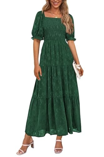 PRETTYGARDEN Women's 2025 Summer Casual Midi Dresses Square Neck Short Sleeve Smocked A Line Floral Flowy Elegant Boho Dress (Dark Green,Large) - Image 1