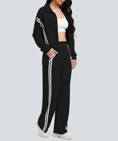 Casly Lamiit Womens Two Piece Lounge Sets Fall Track Outfits Sweatsuit Stripes Sweatshirt Jogger Pants 2025 Fashion Travel Airport Activewear Black L - Image 3