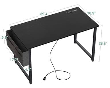 KKL Small Desk with Power Outlets and USB Port Computer Desk for Home Office Gaming Simple Modern Style Writing Desks with Storage Bag Headphone Hook, 40 inch, Black - Image 3