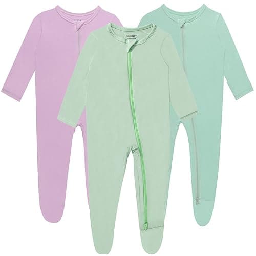GUISBY Baby Footed Pajamas with Mittens, rayon made from bamboo Long Sleeve with 2 Way Zipper Sleepers 3-pack 0-3 Months - Image 1