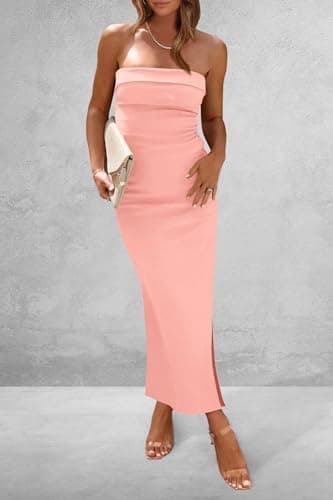 PRETTYGARDEN Women's Summer Bodycon Maxi Tube Dress Ribbed Strapless Side Slit Long Going Out Casual Elegant Party Dresses (Pink,Small) - Image 6