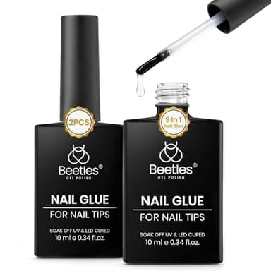 Beetles 9 in 1 Gel Nail Glue for Acrylic Nails Tips, 2 Pcs 10ml Super Strong Nail Glue for Clear False Nails Tips Base Coat Rhinestones Blooming Art Christmas Nails Long Lasting U V Light Cure - Image 1
