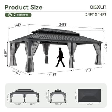 Aoxun 14' X 24' Hardtop Gazebo with Drainage System, Aluminum Outdoor Gazebo with Galvanized Steel Double Roof, Patio Permanent Metal Pavilion with Netting, for Garden, Deck, Grey - Image 8