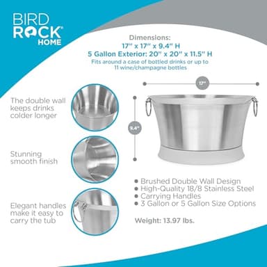 BIRDROCK HOME Double Wall Beverage Tub - Stainless Steel Ice Bucket, Metal Drink Cooler with Handles, for Parties & Events, Decorative Beverage Chiller - Large - Image 3