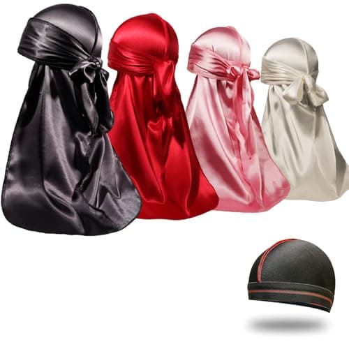 4PCS Silky Durags for Men Women 360 Waves with 1 Wave Cap, Silky Satin Durag Extra Long Tails - Image 1