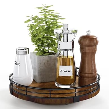 Farmhouse Oak 9" Lazy Susan Turntable Organizer for Cabinet, Round Wooden Lazy Susan Organization and Storage for Dining Table, Pantry, Kitchen, Countertop, Cupboard,Home Decor, Walnut Wood - Image 1