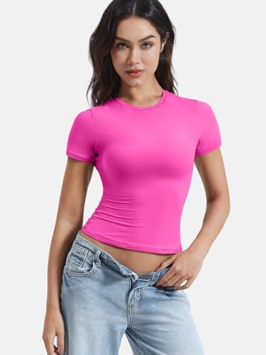 YEOREO Women Fitted Workout Tops Short Sleeve Double Lined Basic Y2K Going Out Crew Neck Compression Crop Top Rose M - Image 5
