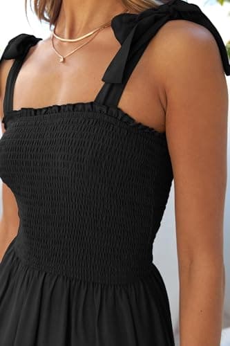 ZESICA Women's 2025 Summer Boho Spaghetti Strap Square Neck Solid Color Ruffle A Line Beach Long Maxi Dress,Black,Medium - Image 4