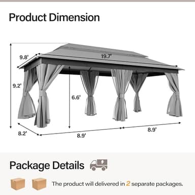 LAUSAINT HOME Outdoor Patio Gazebo 10'x20' with Expansion Bolts, Heavy Duty Party Tent & Shelter with Double Roofs, Mosquito Nettings and Privacy Screens for Backyard, Garden, Lawn, Smoke Grey - Image 3