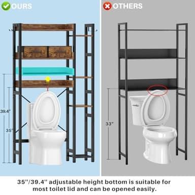 Over The Toilet Storage with 2 Drawers - 7 Tier Bathroom Organizer with Adjustable Shelf, Freestanding Space Saver Storage Rack Above Toilet Stand with 4 Hooks for Restroom, Laundry, Rustic Brown - Image 8
