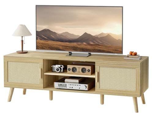 SUPERJARE Boho TV Stand for 65 Inch TV, Entertainment Center with Adjustable Shelf, Rattan TV Console with 2 Cabinets, Media Console, Solid Wood Feet, 4 Cord Holes, for Living Room - Natural - Image 1