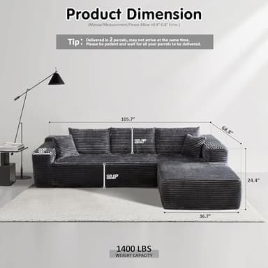 ovios 104" Cloud Sectional Couch with L-Shape Chaise,Modern Modular Sofa with Deep Seat, Upholstered Couches for Living Room Bedroom,No Assembly Required, Grey (Plush Corduroy Fabric) - Image 2