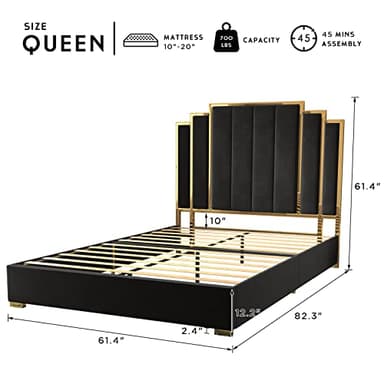 HOWE Queen Size Bed Frame and 61" Headboard, Upholstered Bed with Golden Plating Trim, Modern Platform Bed No Box Spring Needed, Black - Image 2