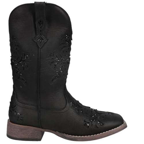 ROPER Womens Kennedy Glitter Tooled Inlay Square Toe Casual Boots Mid Calf Low Heel 1-2" - Black - Size 7.5 B - Image 1