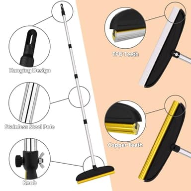 2 in 1 TPU and Copper Rake Teeth Carpet Rake for Pet Hair Removal,60inch Adjustable Long Handle Pet Hair Remover Tool,Reusable Cat Dog Hair Rake Broom,Lint Remover Scraper for Carpet,Bed(Black-Silver) - Image 3