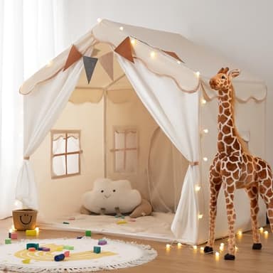 Besrey Kids Play Tent 2 in 1 with Padded Mat and Lights, Large Kids Playhouse with 2 Doors & 4 Windows, Indoor & Outdoor, Christmas Toddler Tent, 51" x35" x 51" - Image 1