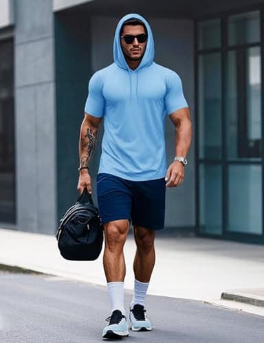MAGCOMSEN Mens Hoodies Short Sleeve Hooded Shirts Workout Hoodie Sweatshirt lightweight Pullover Summer Cotton T Shirt Blue,2XL - Image 4