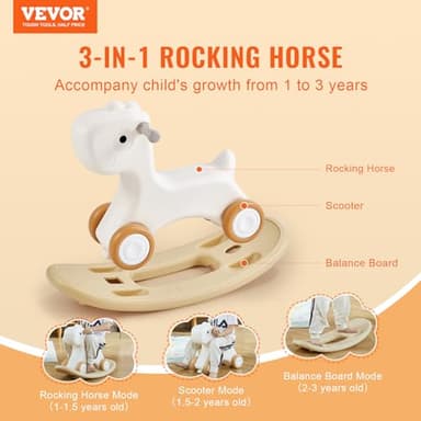 VEVOR 3 in 1 Baby Rocking Horse for Toddlers 1-3 Years,Rocking Horse with Detachable Balance Board and 4 Smooth Wheels, Support up to HDPE Material 80 lbs Kids Ride on Toy, 40° Swinging, White - Image 4