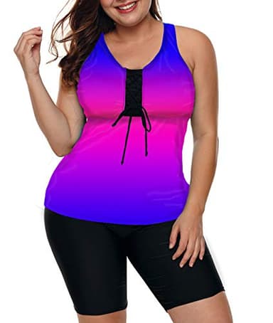 LALAGEN Womens 2025 Plus Size Tankini Swimsuits Rash Guard Capris Athletic Two Piece Swimwear Bathing Suits Blue Purple XXXXL - Image 3